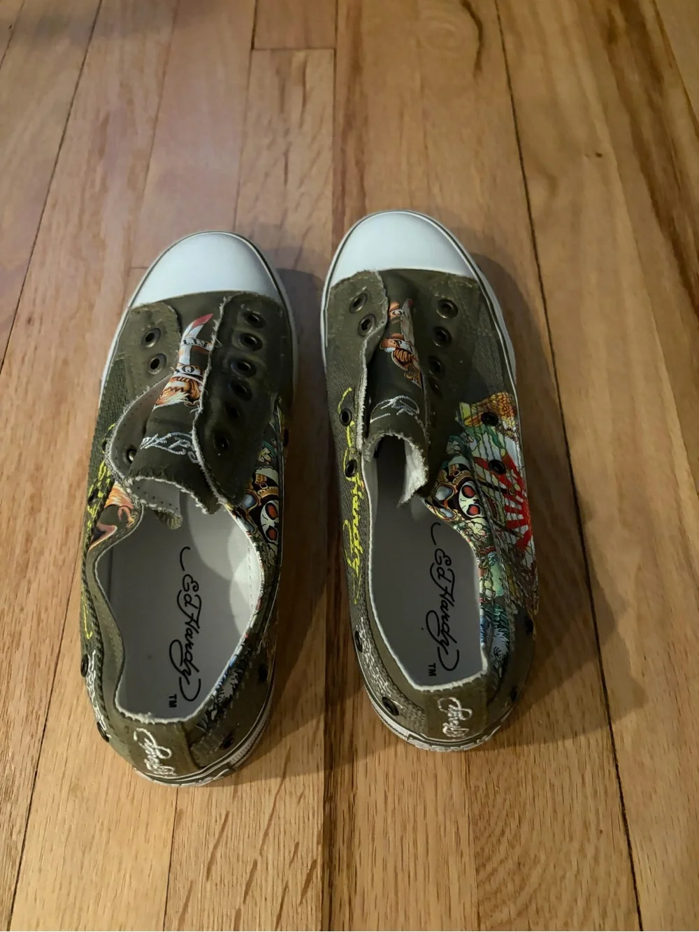 Olive Green Ed Hardy Canvas Slip-On Women's Sneakers